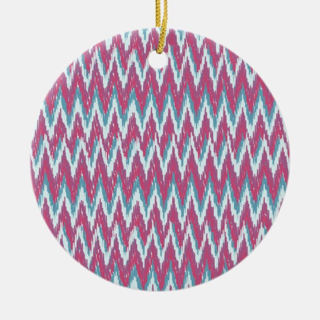 Cranberry and Teal iKat ZigZag Pattern Ceramic Tree Decoration (Front)