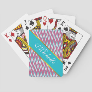 Cranberry and Teal iKat ZigZag Pattern Playing Cards