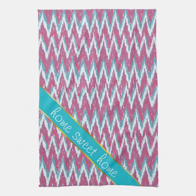 Cranberry and Teal iKat ZigZag Pattern Tea Towel (Vertical)