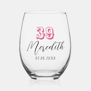 Cranberry Birthday Number   Black Name Date Stemless Wine Glass