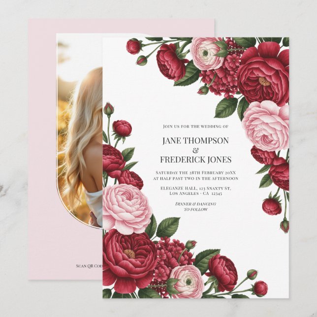 Cranberry & Blush Watercolor Floral Wedding Photo Invitation (Front/Back)