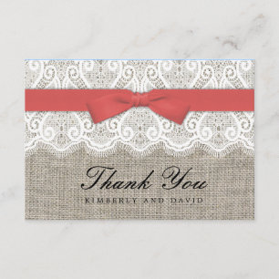 Cranberry Bow and Lace Wedding Thank You Card