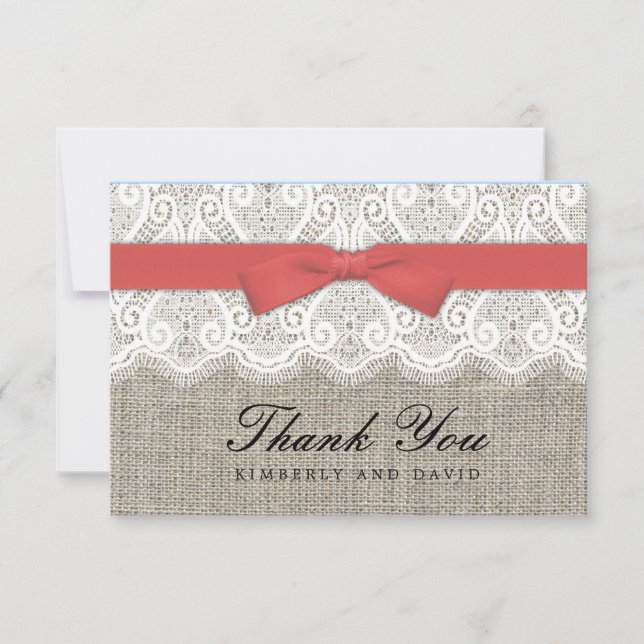 Cranberry Bow and Lace Wedding Thank You Card (Front)