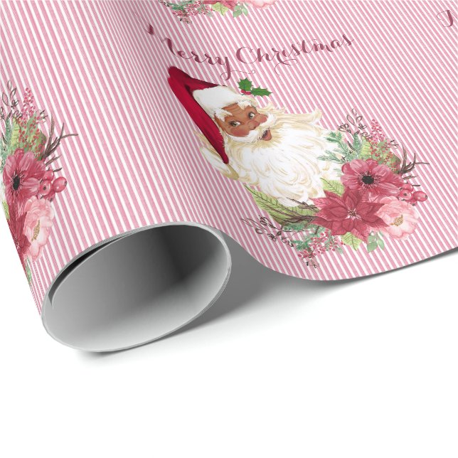 Cranberry Floral Black Santa Stripe Poinsettia Wrapping Paper (Roll Corner)