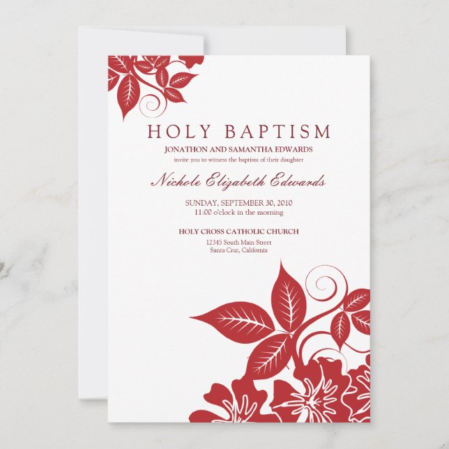 Cranberry Floral Holy Baptism Invitation (Front)