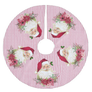 Cranberry Floral Santa Stripe Poinsettia Brushed Polyester Tree Skirt