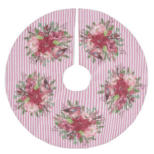 Cranberry Floral Ticking Stripe Poinsettia Floral Brushed Polyester Tree Skirt