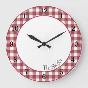 Cranberry Gingham Farmhouse Kitchen Clock w/Name