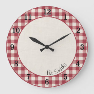 Cranberry Gingham Farmhouse Kitchen Clock w/Name