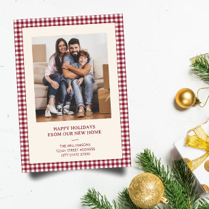 Cranberry Gingham New Home Address Christmas Photo Holiday Card