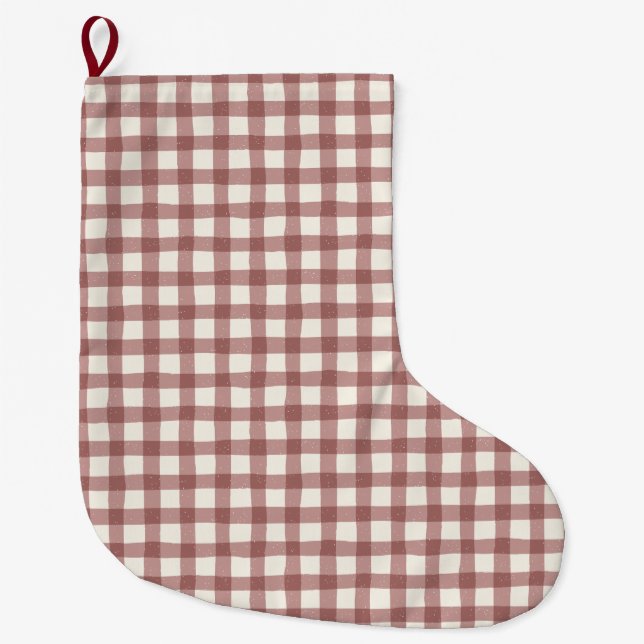 Cranberry Gingham Red Maroon Large Christmas Stocking (Front)