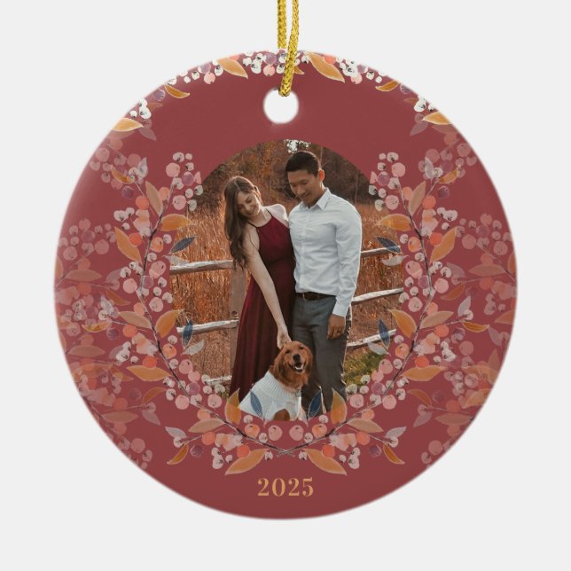Cranberry Gold Framed Photo Holiday Ceramic Tree Decoration (Front)