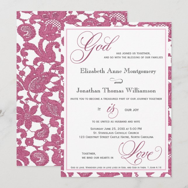Cranberry Lace God is Love Christian Wedding Invitation (Front/Back)