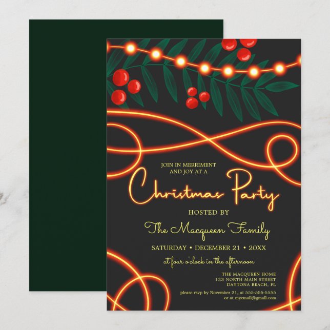 Cranberry Leaves Hanging Lights Christmas Party Invitation (Front/Back)