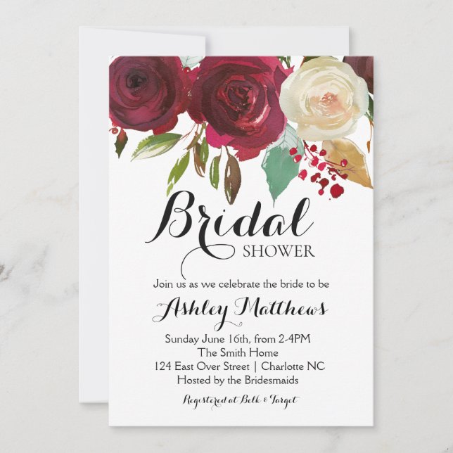 Cranberry Marsala Floral Bridal Shower Invitation (Front)