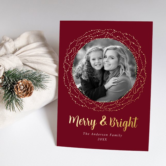 Cranberry Merry and Bright Photo Foil Holiday Card (Creator Uploaded)