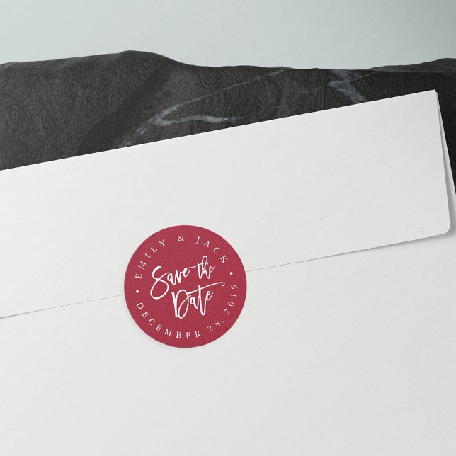 Cranberry | Modern Brush Lettered Save the Date Classic Round Sticker (Creator Uploaded)