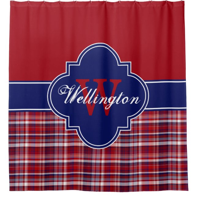 Cranberry Navy Blue Madras Plaid 1ICB Ribbon Name Shower Curtain (Front)