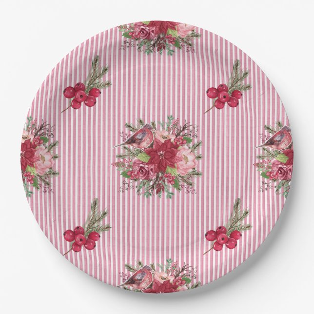 Cranberry Poinsettia Bird Floral Stripe Paper Plate (Front)