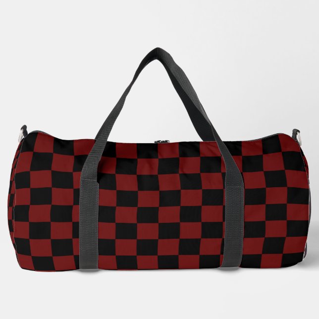 Cranberry Red and Black Chequerboard Pattern Duffle Bag (Front)