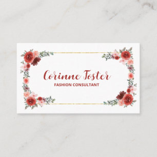 Cranberry Red and Blush Pink Floral Gold Foil Business Card