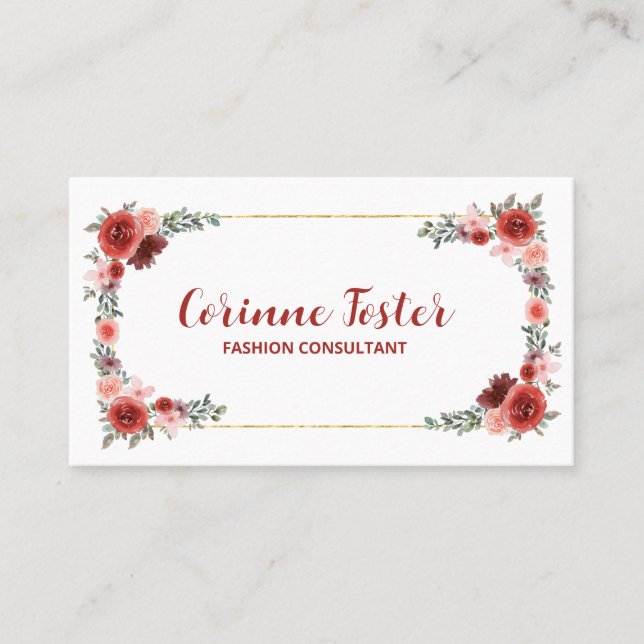Cranberry Red and Blush Pink Floral Gold Foil  Business Card (Front)