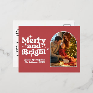 Cranberry Red and Silver Merry & Bright Retro Xmas Foil Holiday Postcard