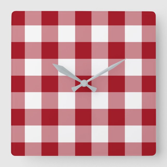 Cranberry Red and White Checked Gingham Pattern Square Wall Clock (Front)