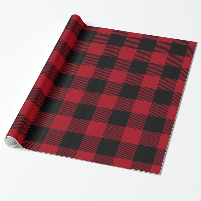 Cranberry Red Black Huge Buffalo Plaid Lumberjack Wrapping Paper (Unrolled)