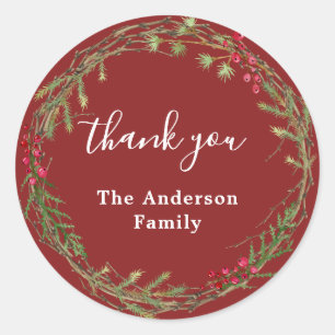 Cranberry Red Christmas Wreath Thank You Classic Round Sticker