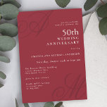 Cranberry Red Elegant Monogram 50th Anniversary Invitation<br><div class="desc">A chic modern design with an elegant edge, this modern minimal 50th Wedding Anniversary invitation features beautiful calligraphy script monograms of the husband and wife on alternating corners. A crisp text layout displays the details of your event with a clean classic look sophisticated styling with large monogram initials and ivory...</div>