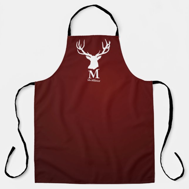 Cranberry red elk deer buck monogram family name  apron (Front)