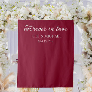 Cranberry Red Forever in Love Wedding Backdrop Tapestry