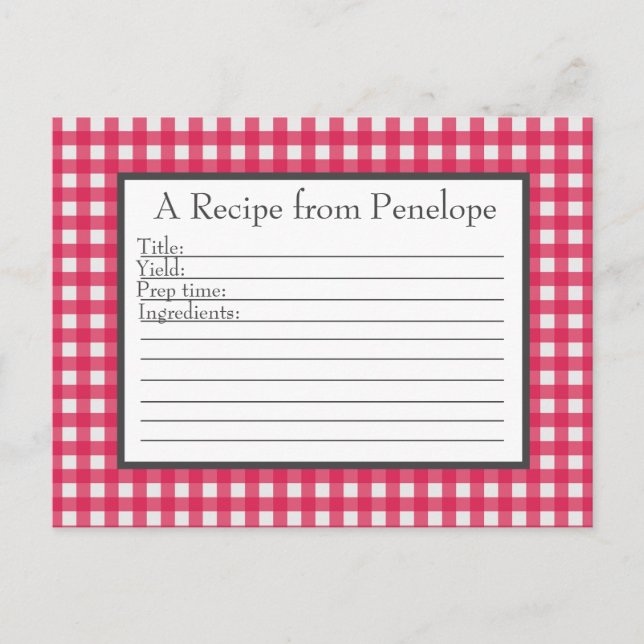 Cranberry Red Gingham Pattern Recipe Card (Front)