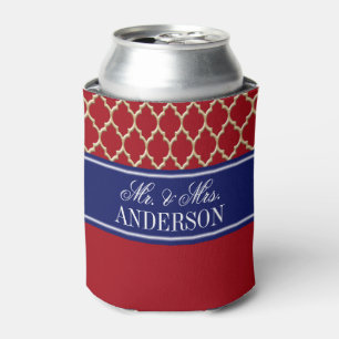 Cranberry Red Gld Moroccan #4 CB Navy Name Wedding Can Cooler