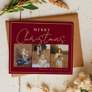 Cranberry Red Gold Three Photo Collage With Frame Foil Holiday Postcard