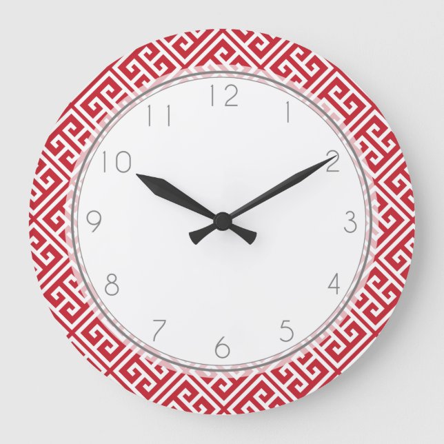 Cranberry Red Greek Key Pattern Large Clock (Front)