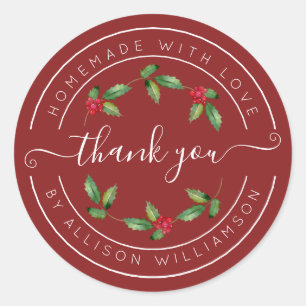 Cranberry Red Holly Christmas Thank You Classic Round Sticker