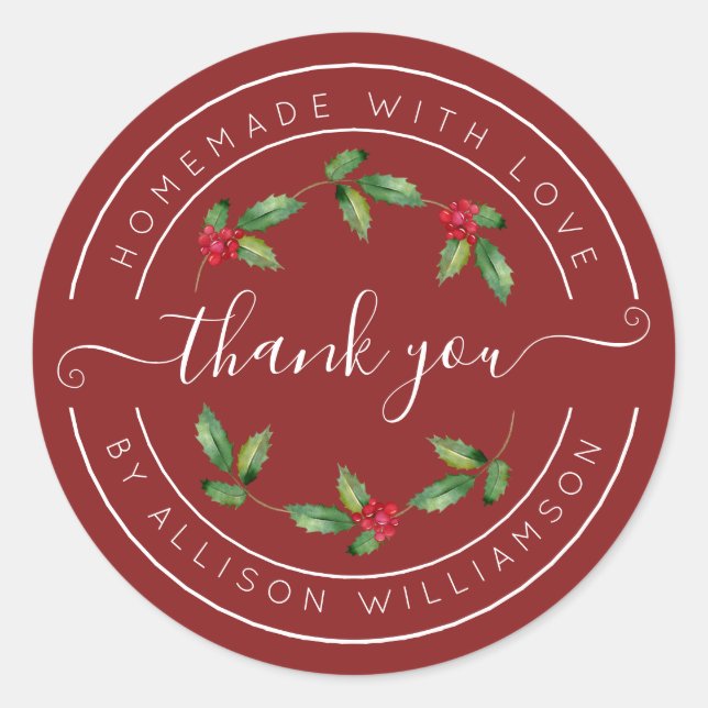 Cranberry Red Holly Christmas Thank You Classic Round Sticker (Front)