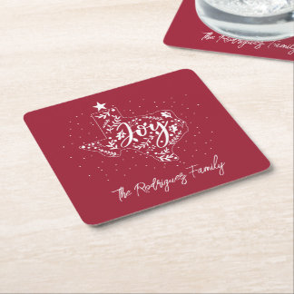 Cranberry Red Joy Holiday Leaves Texas Shape Square Paper Coaster