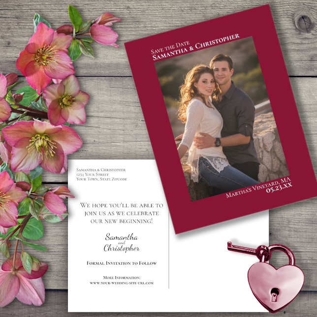 Cranberry Red Minimal Photo Wedding Save the Date Announcement Postcard (Creator Uploaded)