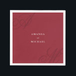 Cranberry Red Modern Edge Elegant Monogram Wedding Napkin<br><div class="desc">A simple modern minimalist design with an elegant edge, this unique wedding napkin design features beautiful calligraphy script monograms of the bride and groom on alternate corners. The bride and groom's names are centred with a clean classic look on a cranberry red background with ivory text. Replace the sample text...</div>