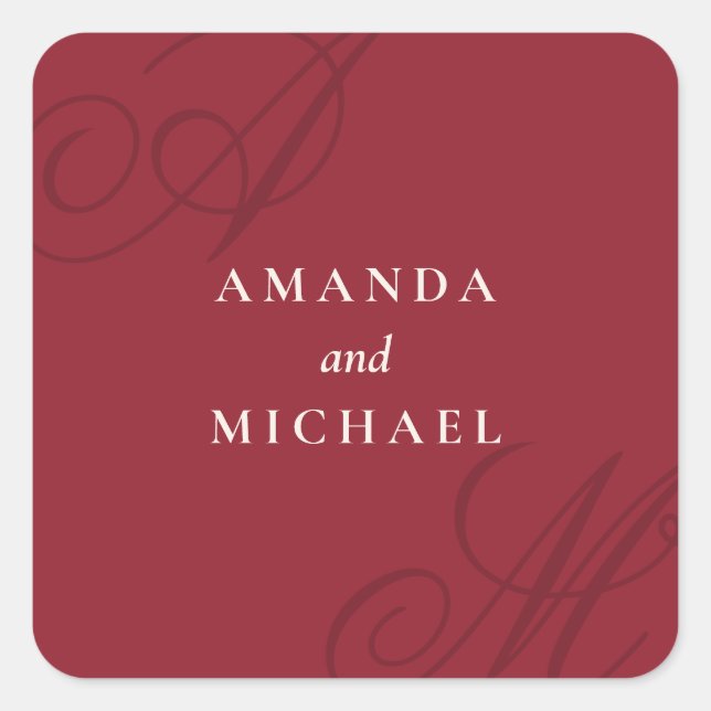 Cranberry Red Modern Edge Elegant Monogram Wedding Square Sticker (Front)