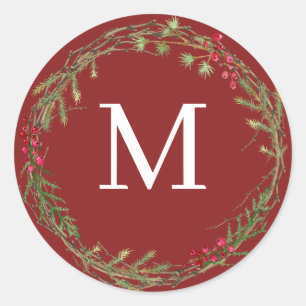 Cranberry Red Rustic Christmas Monogram Classic Round Sticker