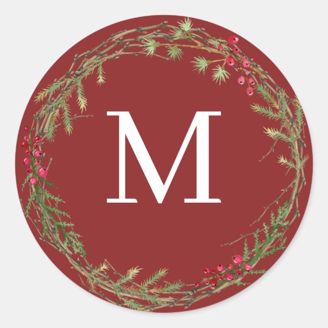 Cranberry Red Rustic Christmas Wreath Monogram Classic Round Sticker (Front)