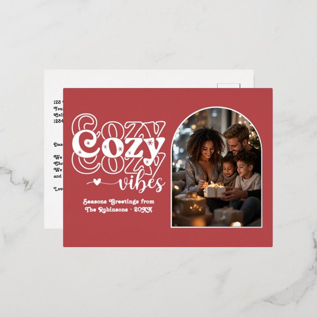 Cranberry Red & Silver Cosy Vibes Retro Christmas Foil Holiday Postcard (Front/Back)