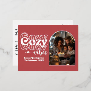Cranberry Red & Silver Cozy Vibes Retro Christmas Foil Holiday Postcard