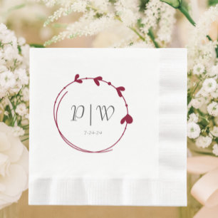 Cranberry Red Simple Heart Wreath Monogram Wedding Napkin