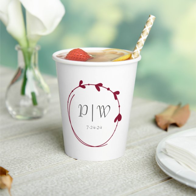 Cranberry Red Simple Heart Wreath Monogram Wedding Paper Cups (Insitu)