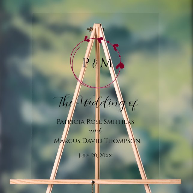 Cranberry Red Simple Heart Wreath Wedding Acrylic Sign (Neutral)